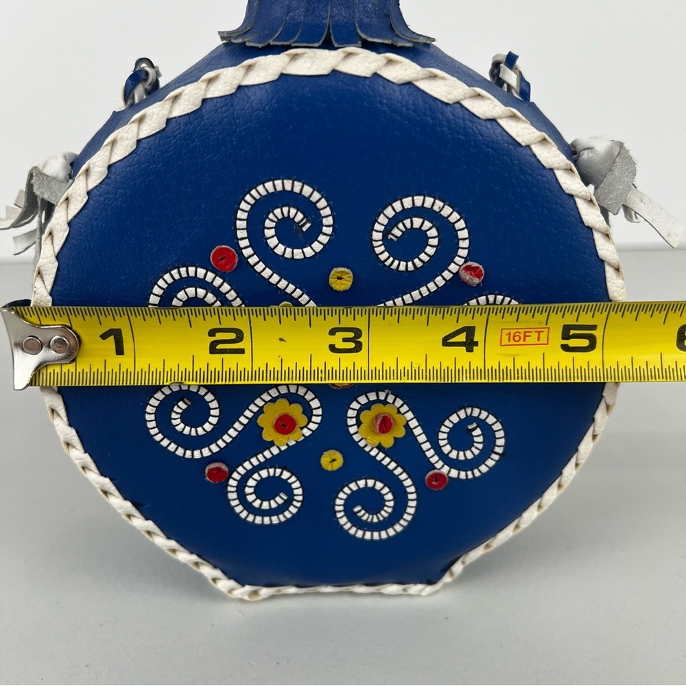 Vintage Folk Art Blue Floral Leather Covered Glass Bottle Canteen Decanter Flask - Picture 9 of 12